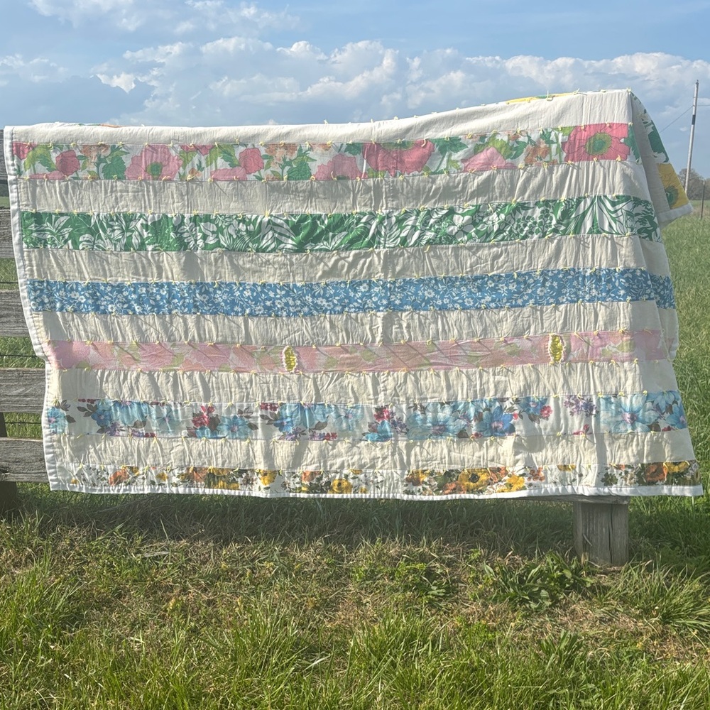 Floral Stripe Quilted Home Bedding in Cream, Pink & Blue